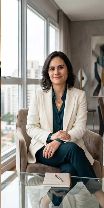 Daiane Antunes com blazer claro em ambiente profissional