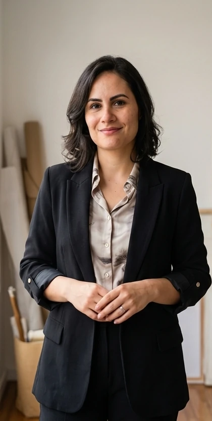 Daiane Antunes com blazer preto em ambiente profissional