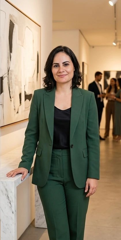Daiane Antunes usando blazer verde em ambiente profissional